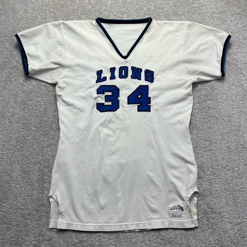 VINTAGE‎ Sand-Knit Lions 34 Football Jersey Mens Size 42 White Blue V-Neck 70s